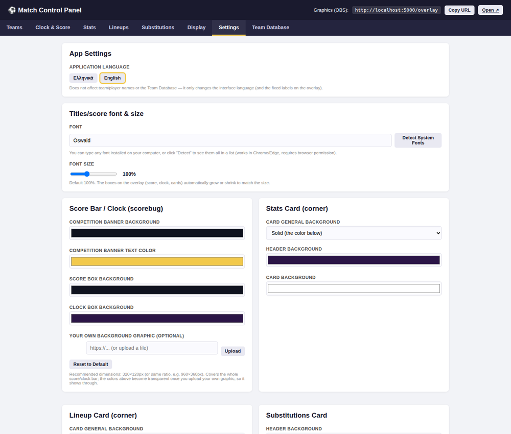Football Score Pro settings tab showing font, color, background and position controls