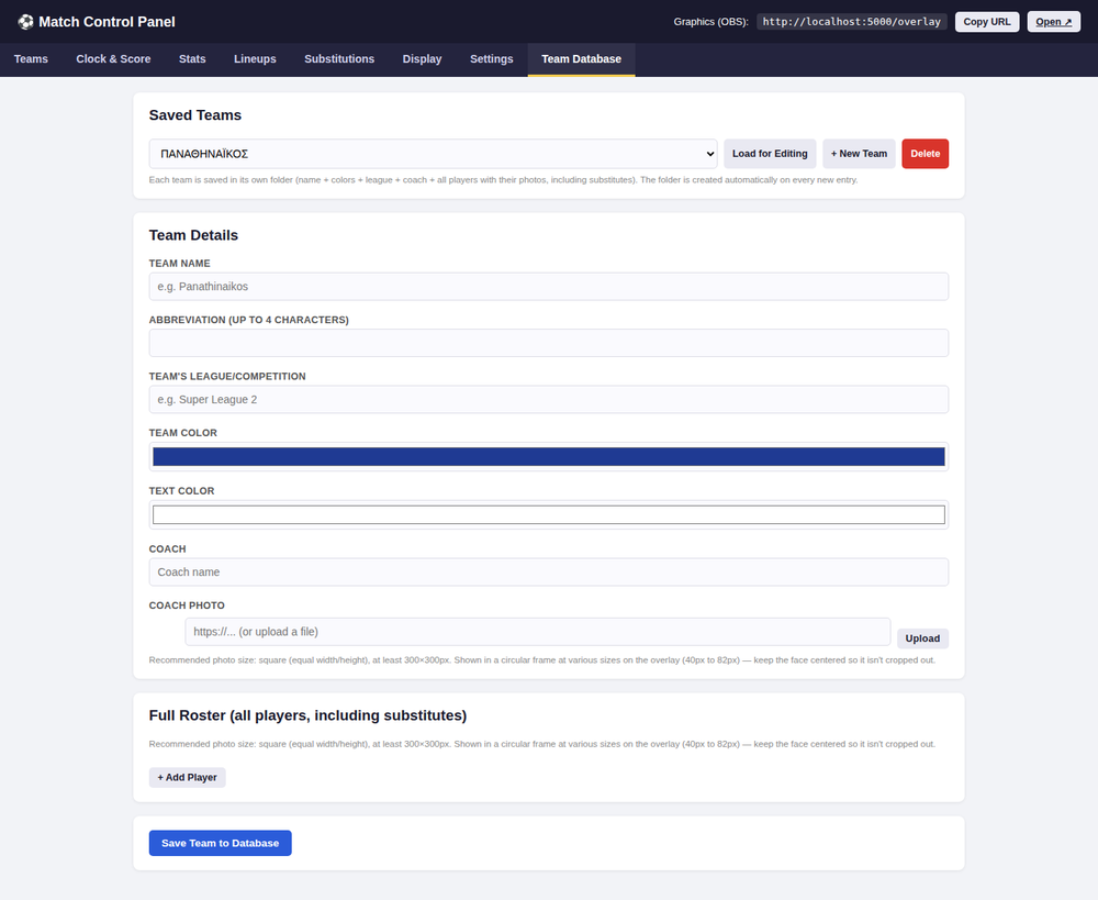Football Score Pro team database tab for saving a full squad roster